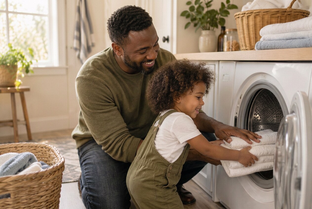 Parent and child loading towels into a home dryer
