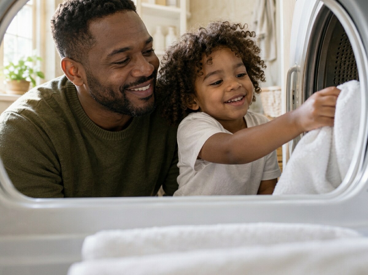 Parent and child loading towels into a home dryer