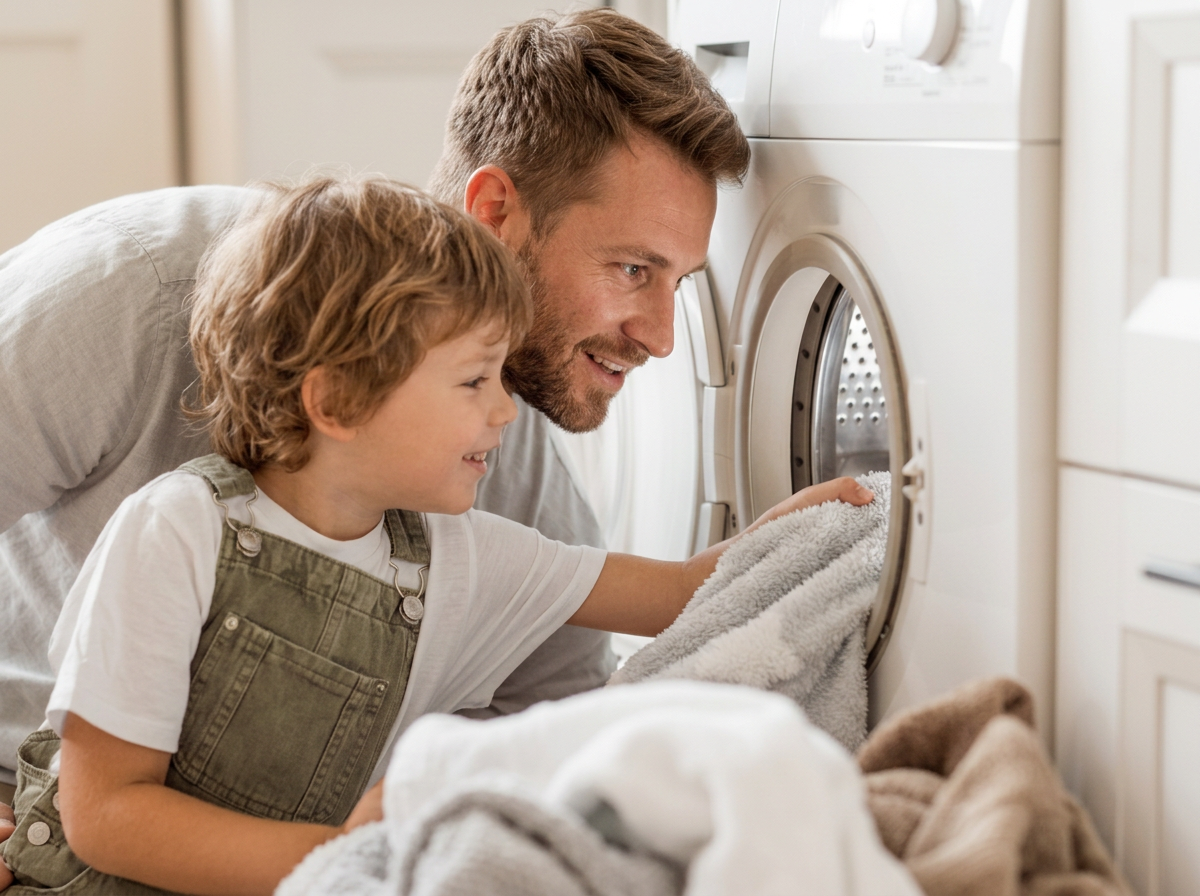 Father and child loading towels into a dryer at home